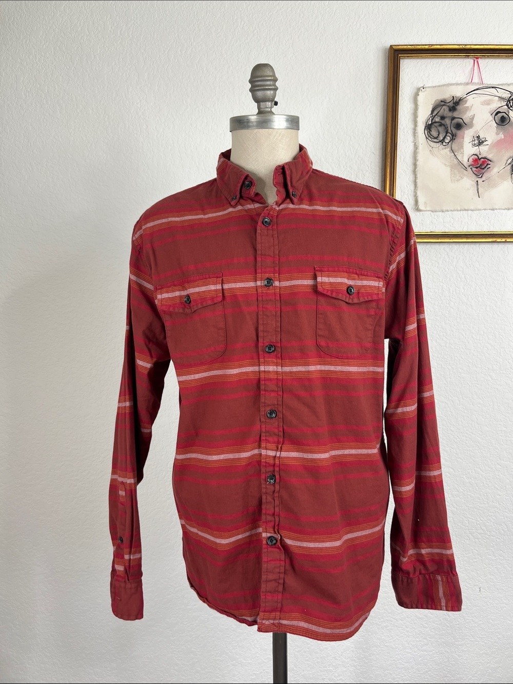 Land's End Striped Brushed Cotton Tailored Fit Camper Pocket Collar Button Down